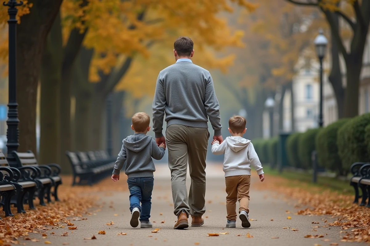 Père se promenant avec ses fils dans un parc parisien en automne, scène de vie privée et familiale