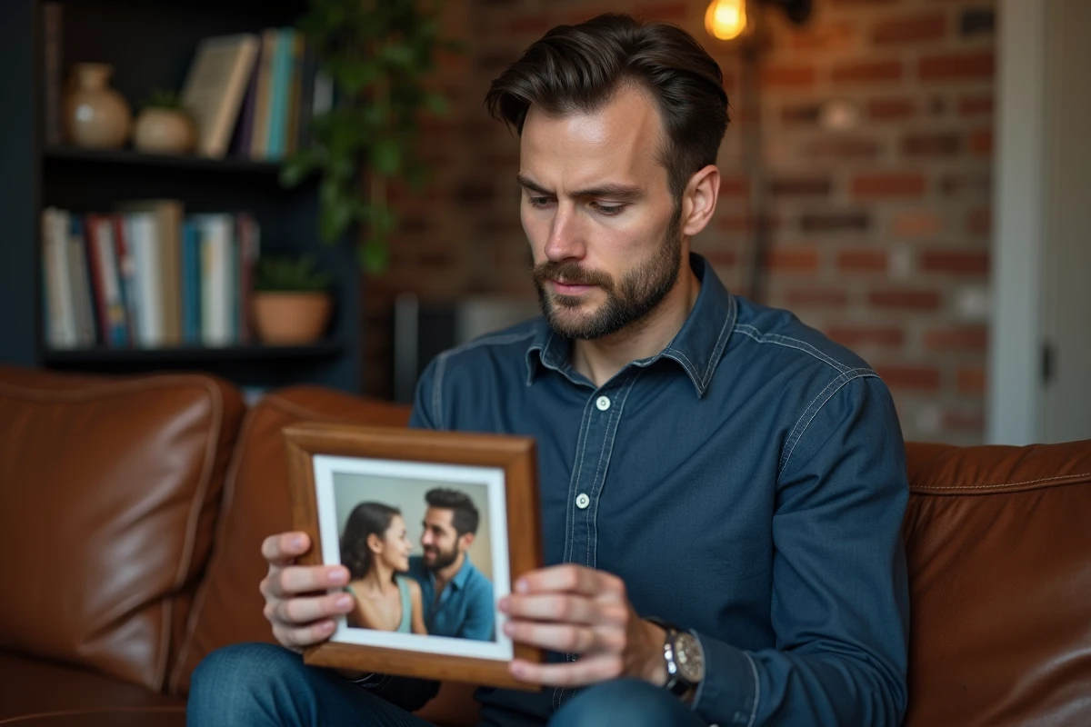 Homme tenant une photo de famille dans un salon intime, évoquant la vie privée et les souvenirs personnels