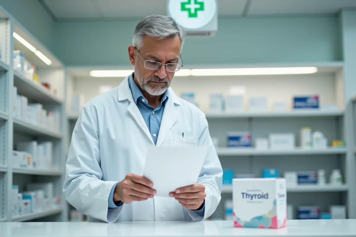 Pharmacien examinant une ordonnance de Levothyrox pour évaluer le dosage prescrit