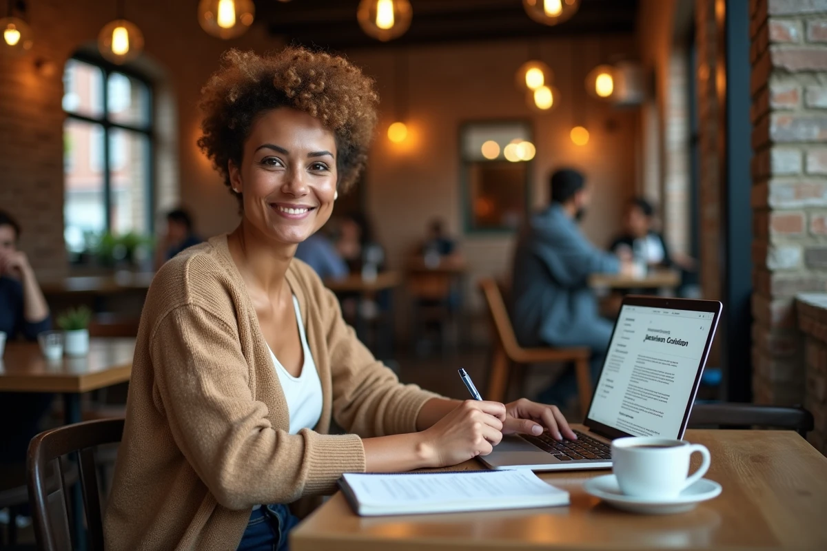 Femme planifiant sa transition professionnelle après avoir quitté son CDI dans un café