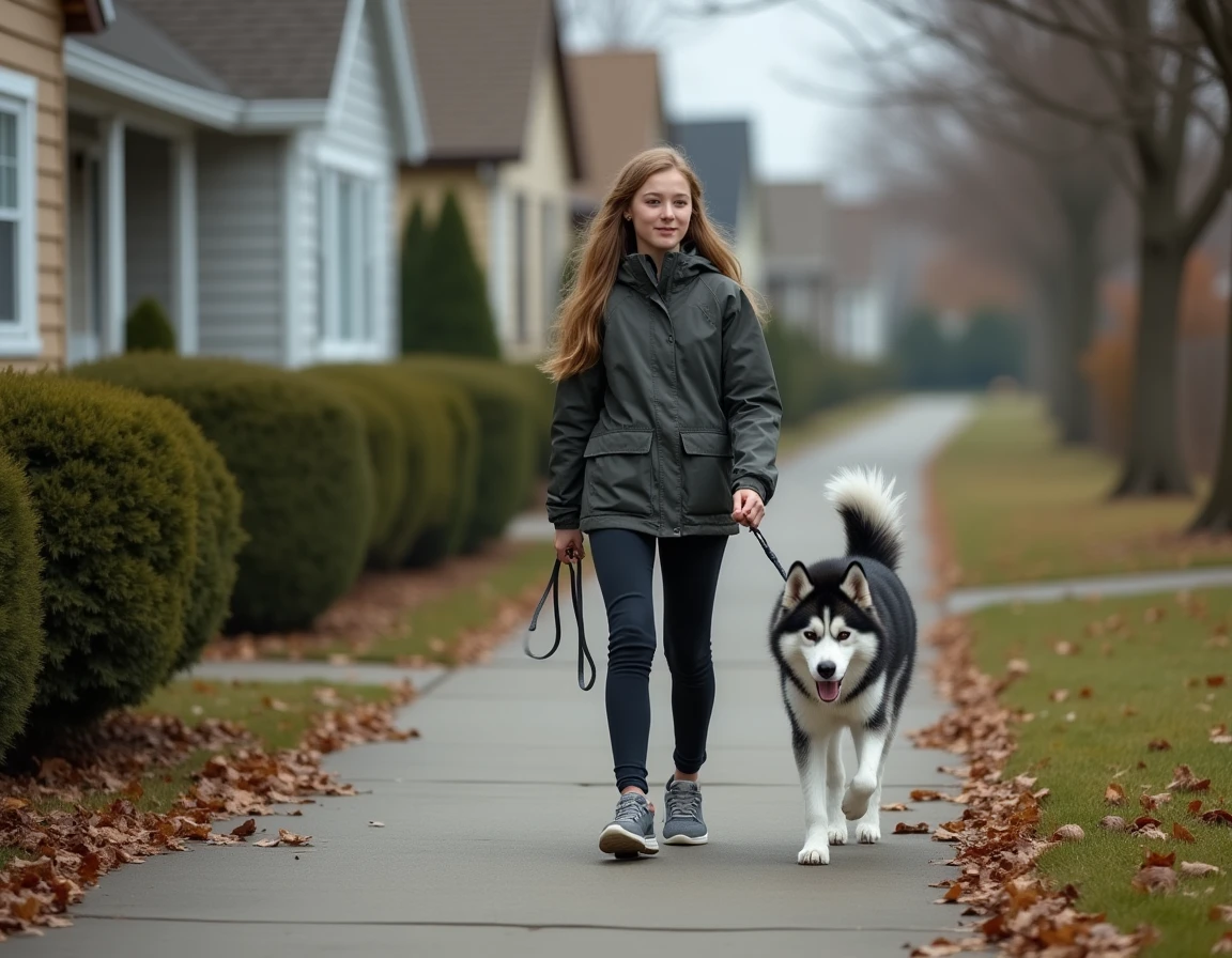 Jeune fille promenant son husky en laisse détendue dans une rue résidentielle en automne