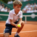 Ramasseur de balles adolescent en tenue officielle accroupi sur la terre battue rouge de Roland Garros, tenant une balle de tennis jaune