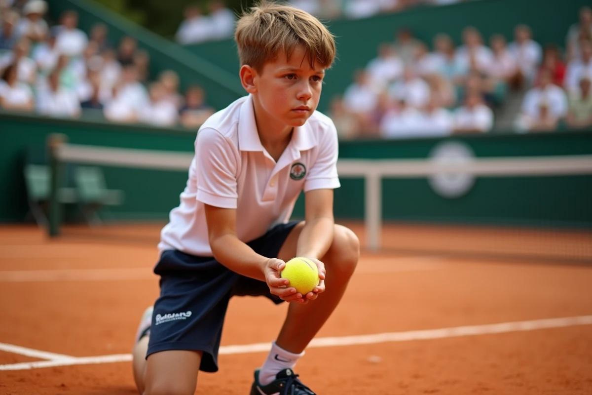 Ramasseur de balles adolescent en tenue officielle accroupi sur la terre battue rouge de Roland Garros, tenant une balle de tennis jaune