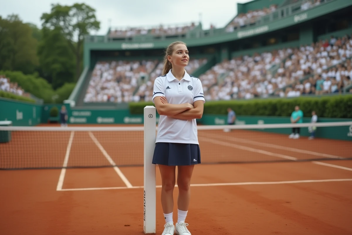 Jeune ramasseure de balles en uniforme officiel debout au poteau de filet sur un court de Roland Garros, regard concentré vers le fond du court