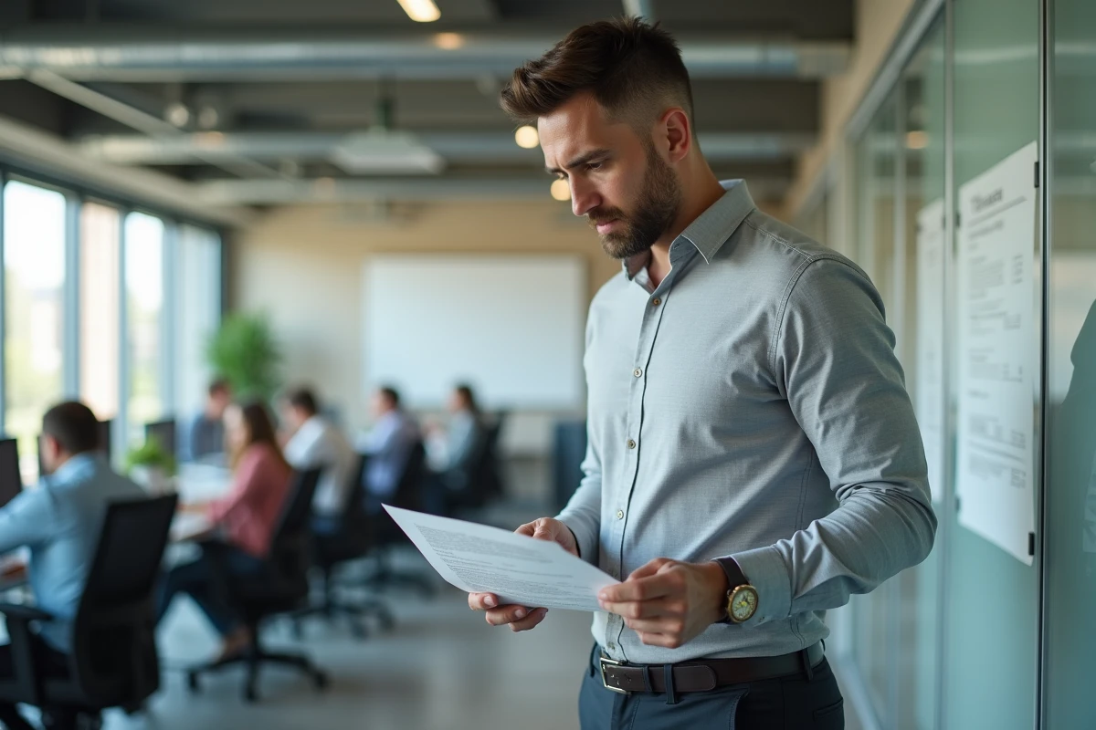 Homme d'affaires relisant attentivement un contrat de travail avant de quitter son CDI