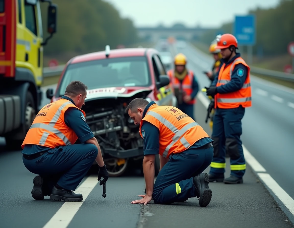 Équipe de secouristes et pompiers intervenant sur un accident autoroutier en France