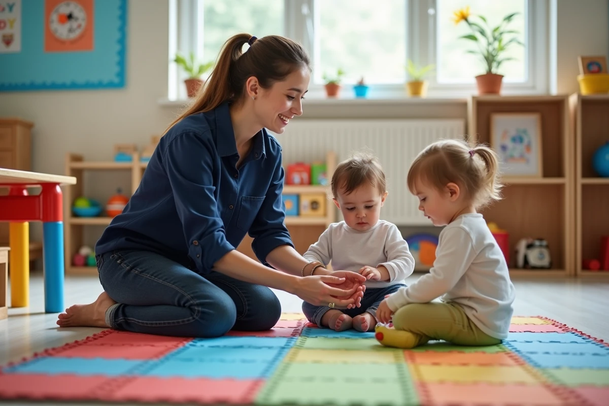 Éducatrice stagiaire en formation pratique interagissant avec des jeunes enfants dans une crèche colorée et accueillante
