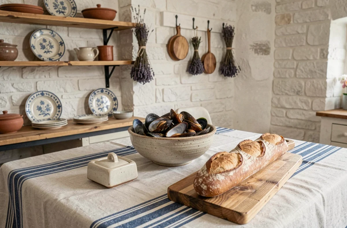 Table bretonne dressée avec vaisselle en faïence peinte à la main, nappe à rayures bleues et pain rustique dans une cuisine en pierre