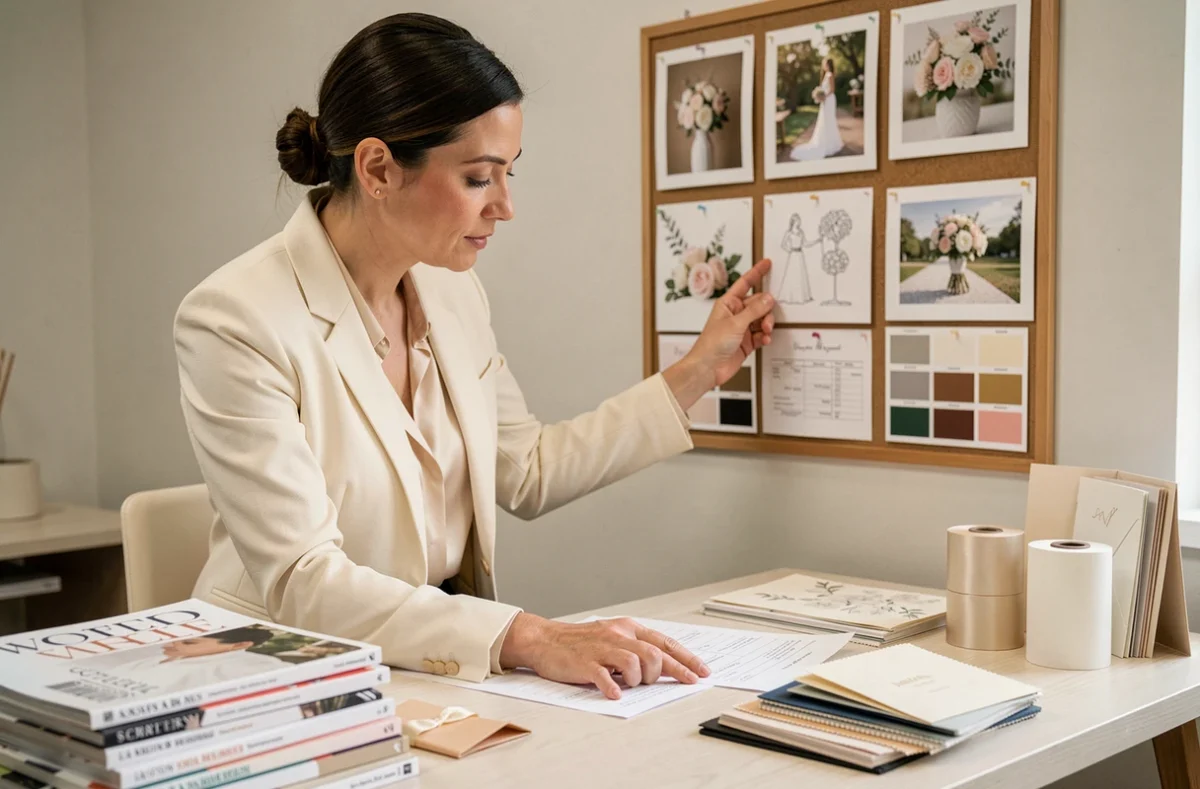 Wedding planner professionnelle consultant un tableau d'inspiration mariage avec des échantillons de tissus et un plan de salle